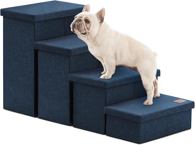 Love's cabin Dog Stairs for High Bed, Foldable Pet Stairs for Small Medium or Large Dogs Puppy with Storage for Bed or Couch, Cat Dog Steps Ramp with Zip up to 200 lbs, Navy Blue, 4 Steps