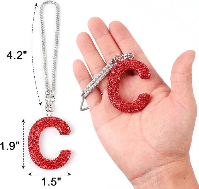 Bling Rear View Mirror Hanging Accessories, Crystal Rhinestone Diamond Car Charms for Rear View Mirror Letter C, Cute Lucky Red Bling Car Accessories for Women (Red,C)