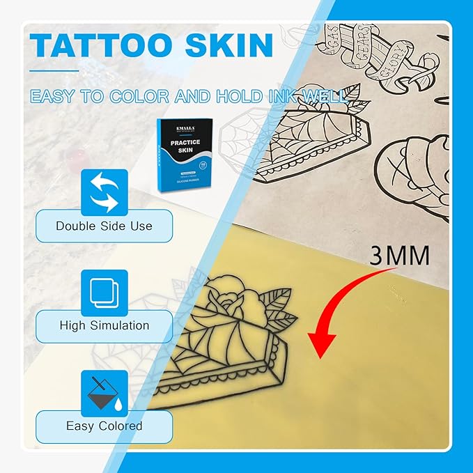 Emalla 3mm Premium Tattoo Practice Skin, 10Pcs Silicone Fake Skin for Practice Double-Sided Use 7.4"x5.6" Soft Skin for Artists and Beginners Tattoo Supplies