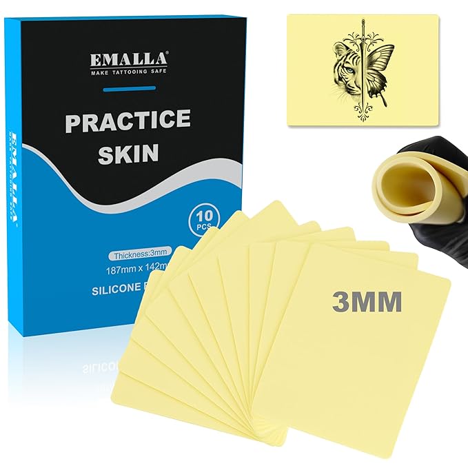 Emalla 3mm Premium Tattoo Practice Skin, 10Pcs Silicone Fake Skin for Practice Double-Sided Use 7.4"x5.6" Soft Skin for Artists and Beginners Tattoo Supplies