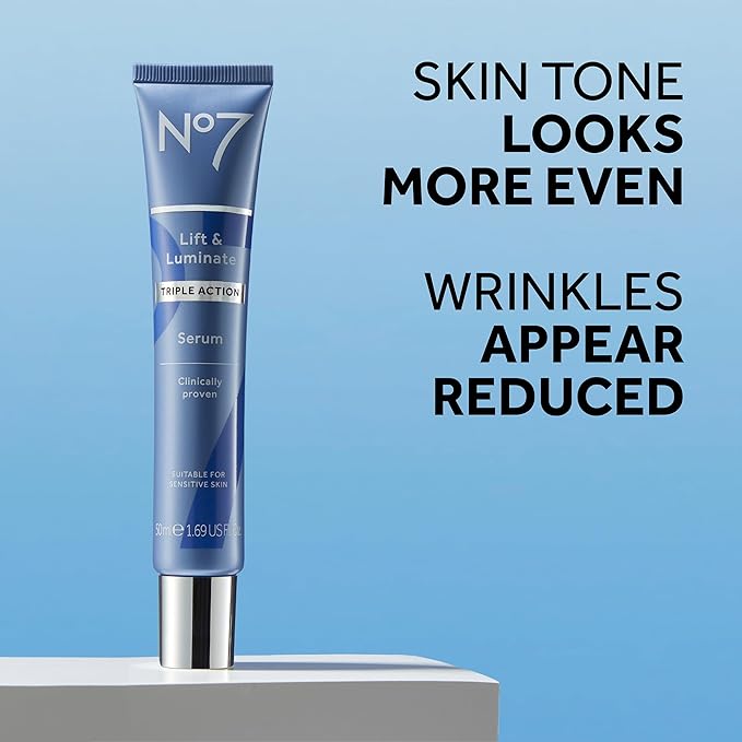 No7 Lift & Luminate Triple Action Face Serum - Collagen Peptide Anti-Wrinkle + Brightening Emblica & Vitamin C Serum + Pro Retinol Skin Firming Hyaluronic Acid & Hibiscus (50ml)