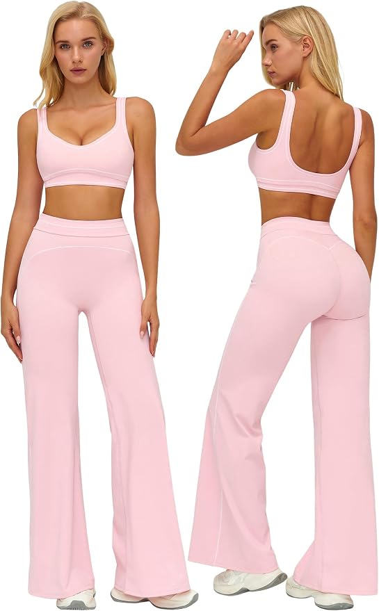 ABOCIW Two Piece Workout Sets for Women Racerback Tank Top Matching High Waist Wide Leg Yoga Pants Pilates Outfits