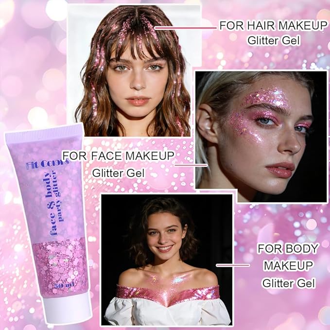 Pink Face Body Hair Glitter Gel for Women and Kids, Monochrome Holographic Mermaid Sequins Chunky Glitter Paint Makeup for Mardi Gras Halloween Festival Rave Outfits Accessories, 1.7oz, #03