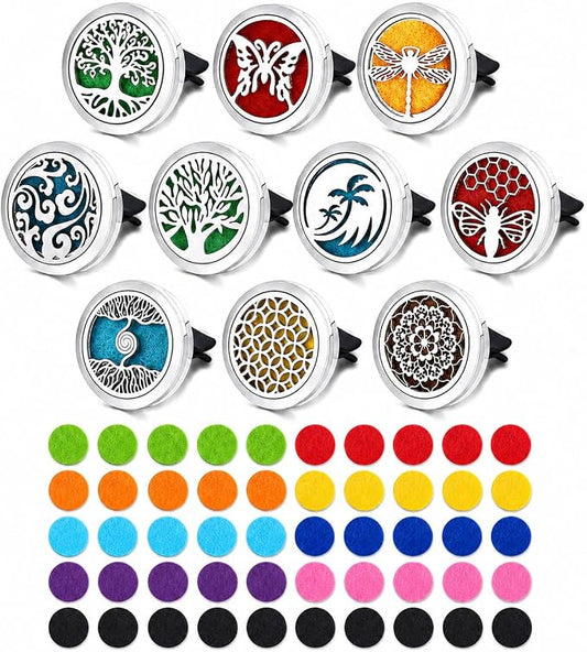 10 Pack Car Vent Essential Oil Diffuser Clips, Silver Metal Car Air Freshener Vent Clips with 50 Colorful Felt Pads Reusable Car Aroma Diffuser for Essential Oils (D)