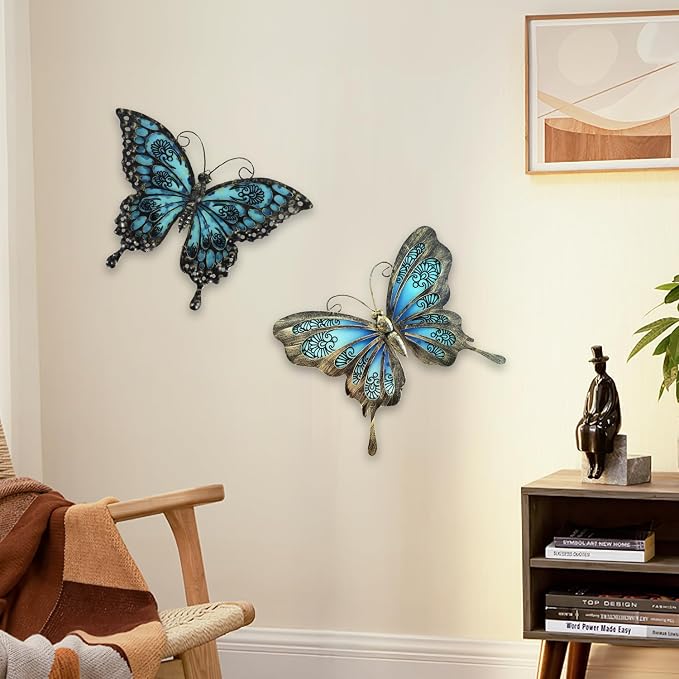LIFFY Metal Butterfly Wall Decor,2Pack 12" Hanging Glass Butterfly Outdoor Decor,Garden Decorative Ornaments Outside for Home,Yard,Fence,Patio