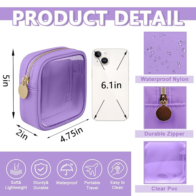 UIXIZQ Clear Mini Makeup Bag for Purse, Small Nylon&PVC Cosmetic Travel Bag TSA Approved Toiletry Bag with Zipper, Preppy Transparent Makeup Travel Bag Coin Purse for Women Men Girls(Mini-Purple)