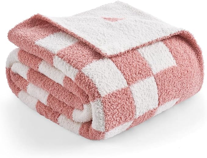 Snuggle Sac Checkered Bedding Blanket Twin Size 60x80, Super Soft, Cozy Warm Knit Blankets, Reversible Breathable Lightweight Fluffy Throws for Sofa, Bed, Checkered Pink, 60x80 Inches