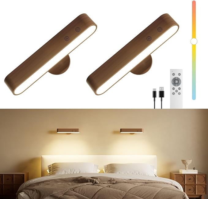 Rechargeable Wall Sconces Set of Two, Walnut Wood Battery Operated Wall Sconce, Magnetic Wall Lights for Bedroom with Remote & Touch Control, 15 RGB, 360° Rotatable Dimmable LED Wall Lamp 3 Color