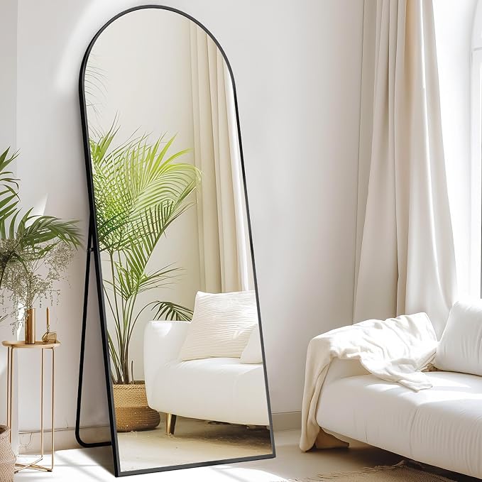 DUMOS 58"x19" Arched Full Length Mirror with Stand, Full Body Floor Mirror | Free Standing or Wall Mount, Hanging or Leaning, Nano Glass Aluminum Frame, Modern Simple Home Decor, Black