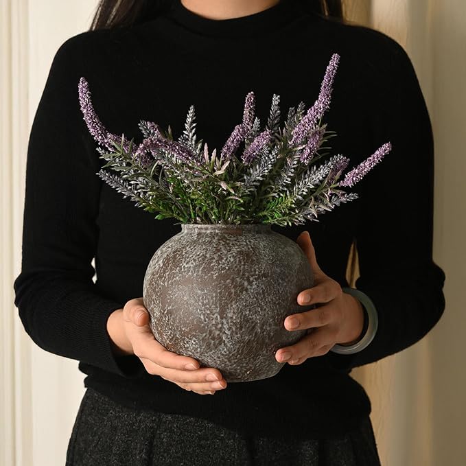Rustic Ceramic Vintage Farmhouse Vase for Decor (Small Brush Black) | 8.8'' Textured Stone Vase Home Decor, Decorative Terracotta Round Clay vase for Living Room, Table, Shelf, Kichen Décor