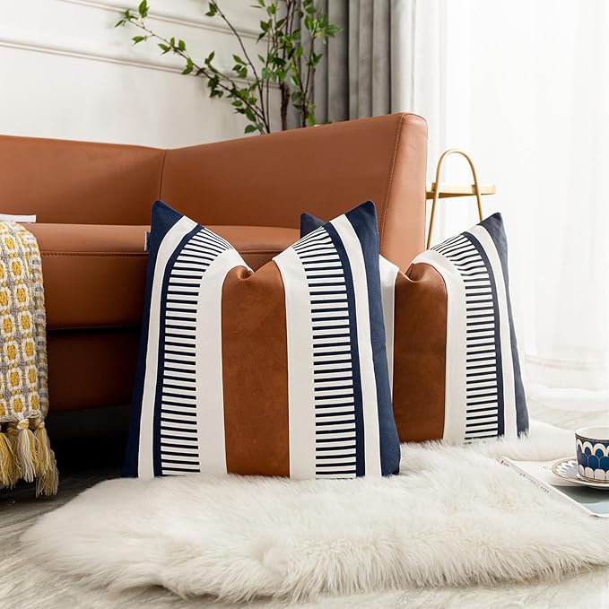 Set of 2 Large Throw Pillow Covers 24x24 Neutral Decorative Pillow Case for Sofa Couch Bed Faux Leather Accent Square Cushion Cover, Modern Farmhouse Decor