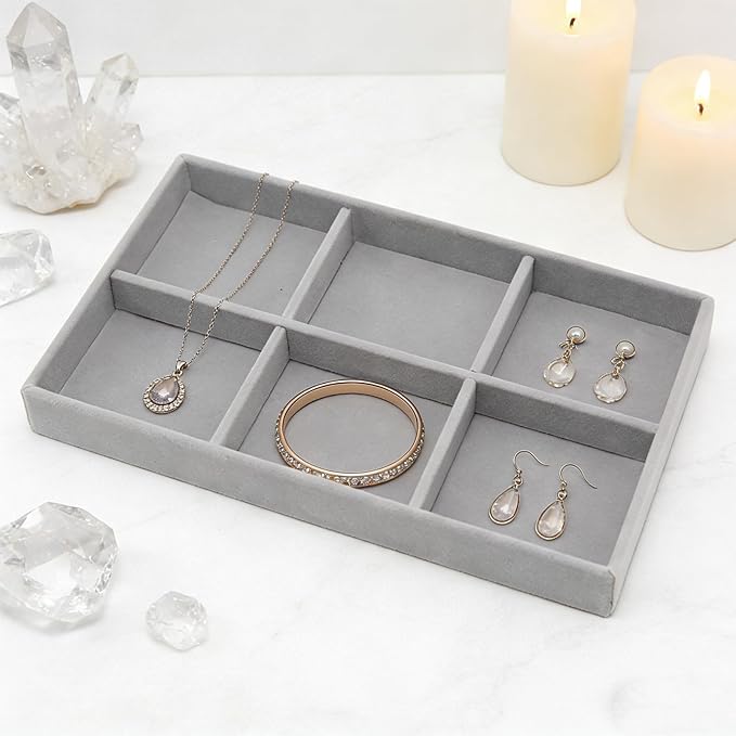 Velvet Jewelry Organizer Trays Gray 6 Grids | Stackable Jewelry Storage Display Tray with Removable Dividers for Drawer Dresser Cloest