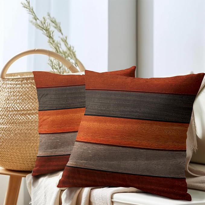 Kawani Wood Grain Throw Pillow Covers 18x18 Inch, Orange Brown Wooden Board Square Pillowcase Set of 2, Farmhouse Cotton Linen Cushion Covers for Couch Sofa Bed Bedroom Car Living Room