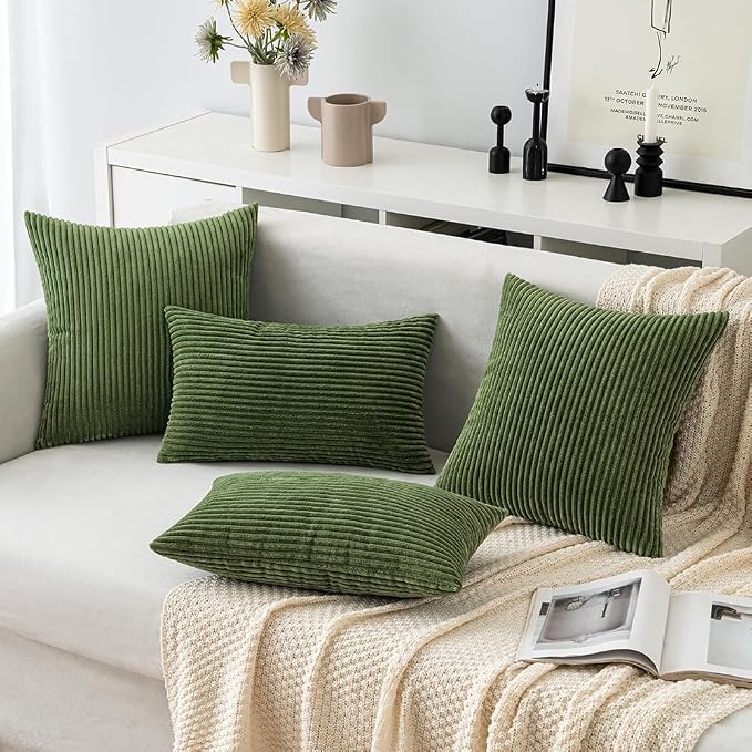 MIULEE Lumbar Corduroy Throw Pillow Covers Set of 2 12x20 Moss Green | Decorative Soft Striped Textured Cushion Cases, Boho Pillowcases for Home Decor, for Couch Chair Sofa Bed Living Room