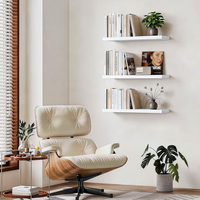 BAYKA White Floating Shelves 22.5in, Set of 3, Wall Mount Rustic Wood Shelf | Easy Install, 22lbs Max Load, Hidden Bracket, Hanging Shelf for Bathroom Bedroom Kitchen Storage Decor, Multi-Wall Compatible