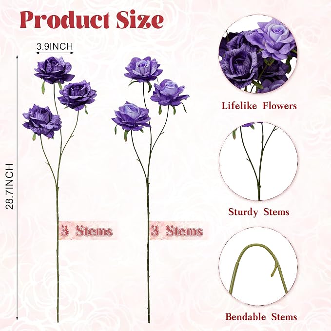 INXUGAO 6 Pcs Artificial Flowers Fake Roses for Outdoor, 28" Long Stem Silk Roses for Wedding Indoor Outside Party Decor, Realistic Faux Bouquet for Tall Vase Planter (Purple)