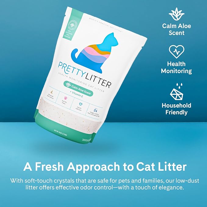 PrettyLitter Health Monitoring Cat Litter, Calm Aloe, 6 lb. Bag | Up to 1 Month Supply, Non-Clumping, Advanced Odor Control, Automatic Litter Box Compatible, Color Changing Silica Crystals