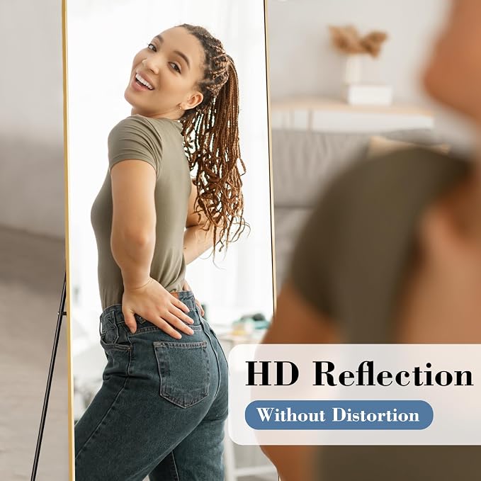 DUMOS 64"x21" Full Length Mirror with Stand, Full Body Floor Mirror | Free Standing or Wall Mount, Nano Glass Aluminum Frame, Hanging or Leaning, Modern Simple Home Decor, Gold