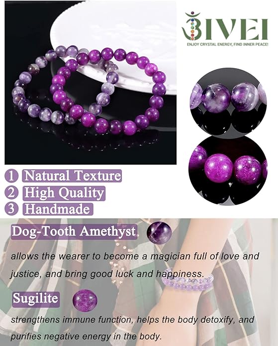 Bivei Natural Gemstone Semi Precious Healing Crystals Handmade Stretchy Round Beads Bracelet,Stocking Stuffers for Women Enhance Positive Energy