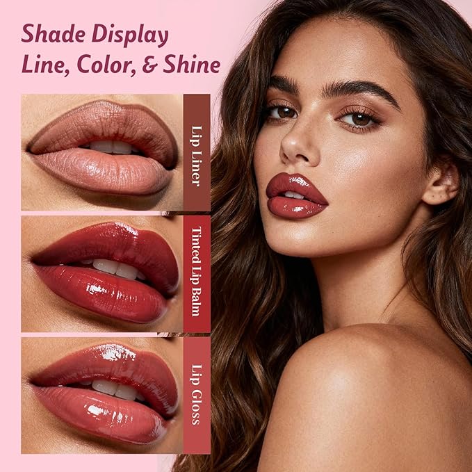 3PCS Lip Combo Set - Matte Lip Liner Pencil + Hydrating Tinted Lip Balm + Juicy Lip Gloss Tint, Non-Sticky, Long-Lasting, High Pigment Lip Makeup Kit (Berry Mousse Set)