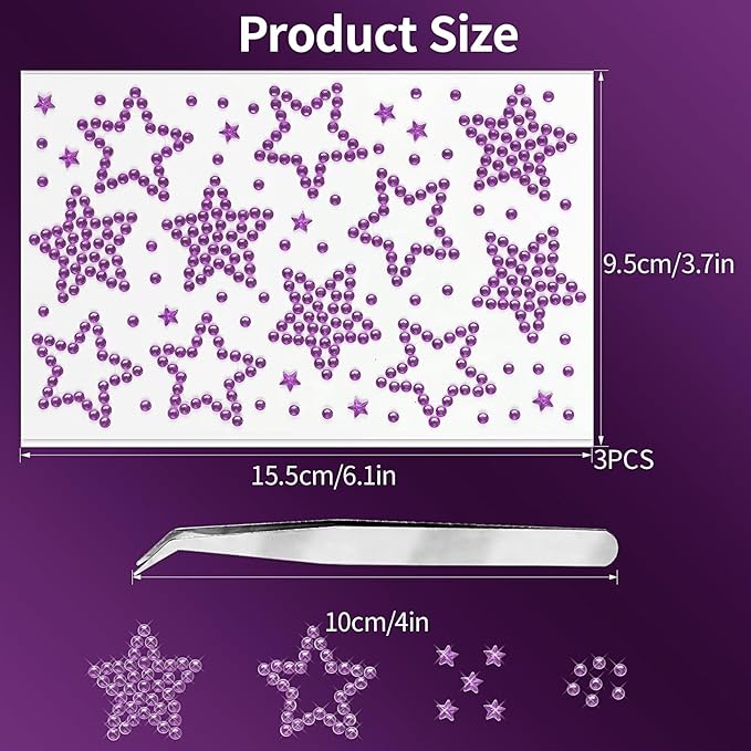 3Sheets Star Gem Stickers Jewels for Crafts, Face Makeup - Self Adhesive Rhinestone Jewel Stickers, Stick on Gems Rhinestones for Crafts, Craft Supplies for Kids (12.Light Purple Star)