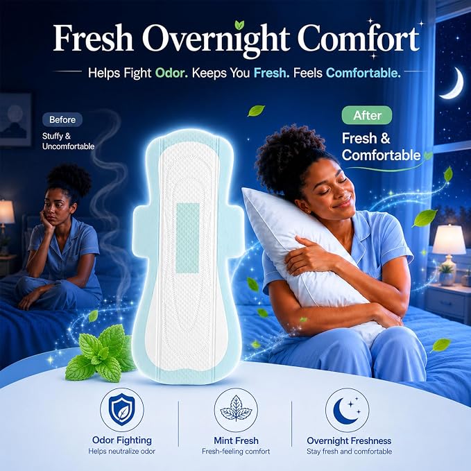 BST Mint Fresh Extra Heavy Overnight Pads for Women, Period Pads with Wings, Feminine Care, Ultimate Absorbency, Odor Control Unscented Sanitary Napkins（Packaging May Vary, 8 Count）