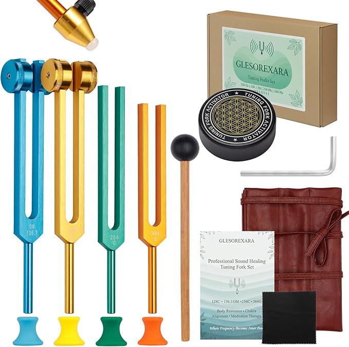 Tuning Forks for Healing Set,4-Color Tuning Forks (136.1Hz,128Hz,256Hz,384Hz),Weighted & Unweighted Resonance Sound Healing Tuning Fork Set with 10 Accessories,for Stress Relief,Sleep & Chakra Balance
