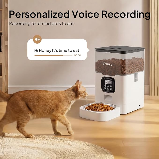 VOLUAS Automatic Cat Feeder, 4L Timed Dry Food Dispenser for Cats & Dogs | Programmable Portion Control, Up to 4 Meals Daily, Dual Power Supply, Power-Off Memory, 10-Second Voice Recorder