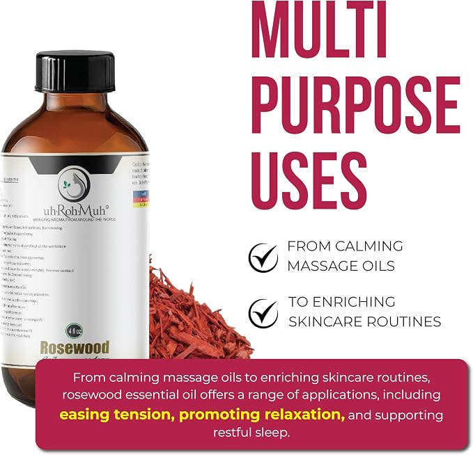Rosewood Essential Oil (Bois de Rose) 100% Pure Steam Distilled Oil from Aniba rosaeodora Wood – Aromatherapy, Diffuser, Skincare, Massage, DIY Perfumes, Natural Fragrance | Peru | 4oz