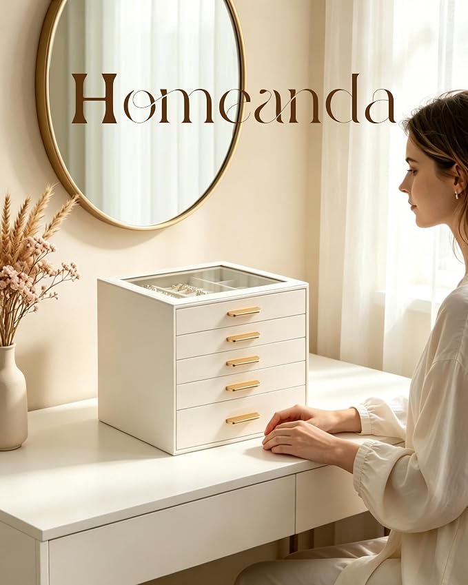 Homeanda Jewelry Boxes Organizer with Glass Lid, 5-Layer PU Leather, Beige | Modern style display case with 5 drawers for daily jewelry, women, mom or girl gift