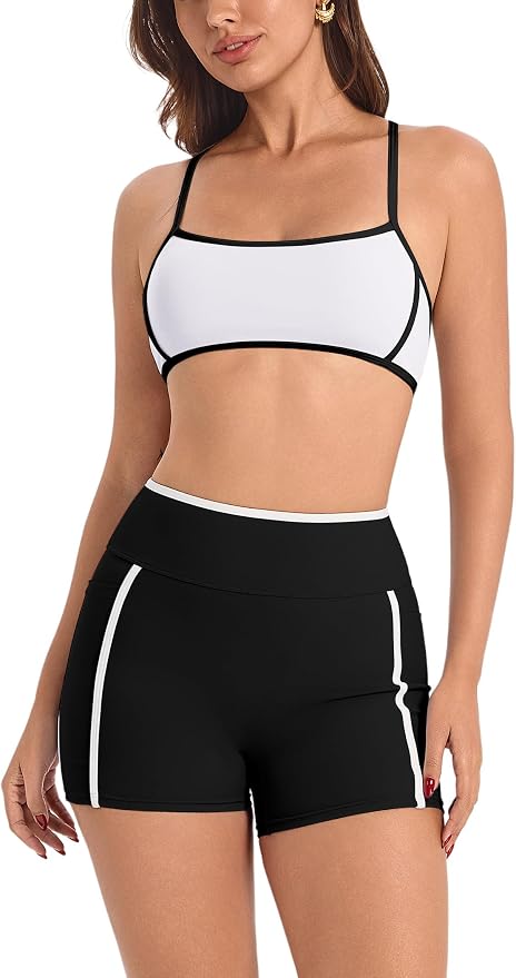 ABOCIW Workout Sets for Women 2 Piece Color Block Strappy Sports Bra High Waist Shorts Gym Yoga Pilates Outfits
