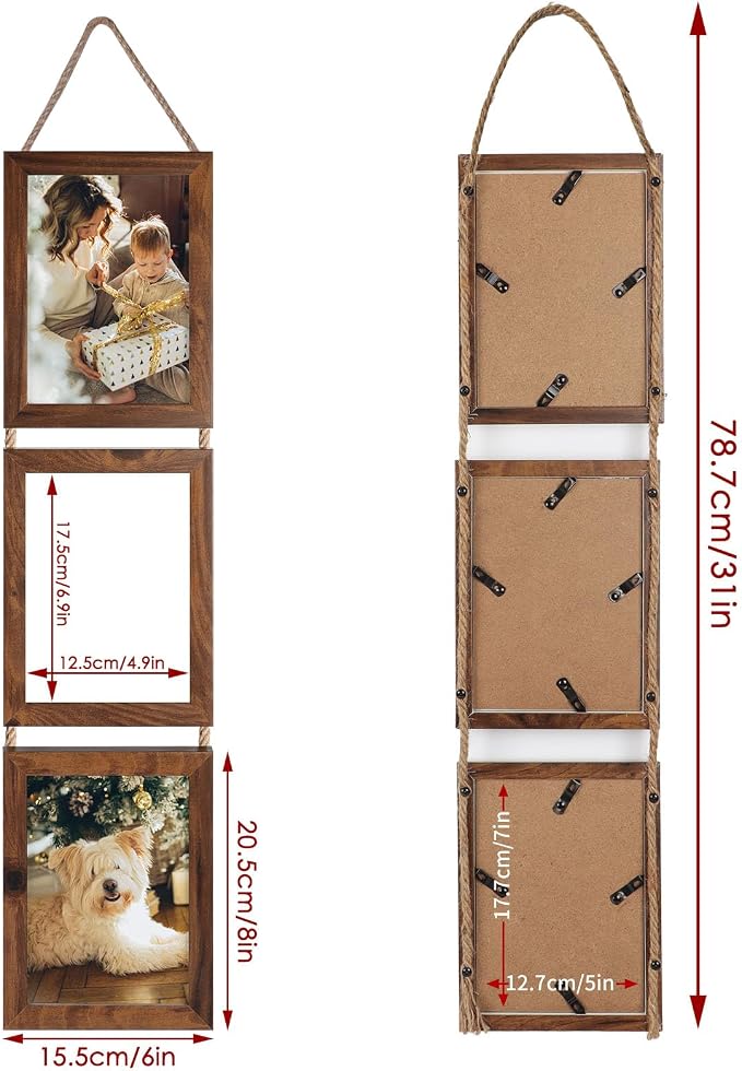 QUTREY 5x7 Collage Picture Frames, 6 Openings Hanging Photo Frame Set Display Vertical 5 by 7 inch Pictures for Wall Decor, Rustic Walnut Brown, 2 Pack