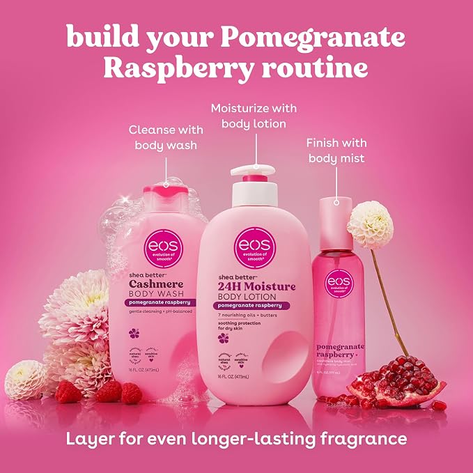 eos Cashmere Body Mist, Pomegranate Raspberry, Body Spray for Women, Hair Mist, Fruity, Moisturizing, Hyaluronic Acid, Glycerin, Vegan, Cruelty-free, 6 fl oz