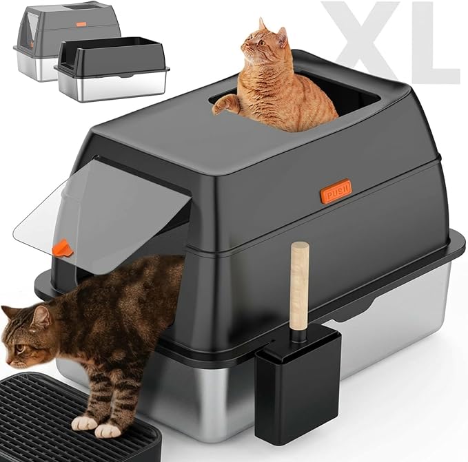 Lobeve Extra Large Stainless Steel Litter Box with Lid, Easy-Clean Pan | Enclosed Litter Box with Leak-Resistant Design, High Sides, Front Entry and Top Exit; Odor Control, Scoop and Mat Included