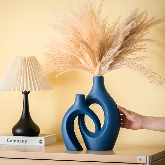 Lvases Blue Snuggle Hollow Ceramic Vase Minimalist Decorative Vases of 2 | 11 Inch Nordic Boho Decor Home Flower Vases for Living Room Coffee Table, Bookshelf Mantle & Entryway Pampas Grass Display