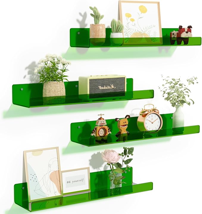 upsimples 4 Pcs 15" Acrylic Shelves for Wall Decor and Display, Green | Cute Floating Shelf for Perfume, Skincare, Nail Polish, Wall Organizer for Bedroom, Living Room, Playroom, Room Décor