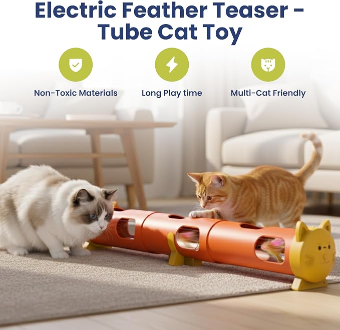 PAWSPIK Electric Feather Teaser Tube Cat Toy, Interactive Automatic Cat Toy | Smart Random Feather Play, Long Battery Life, Pet-Safe Materials, Indoor, Large