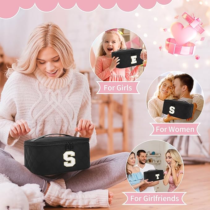 OCHEAL Makeup Bag Valentines Day Gifts for Women, Monogram Cosmetic Bag Black Travel Makeup Case Beauty Toiletry Bag Organizer Personalized Gifts for Girls Bridesmaid, Sister, Wife, Friends Initial S