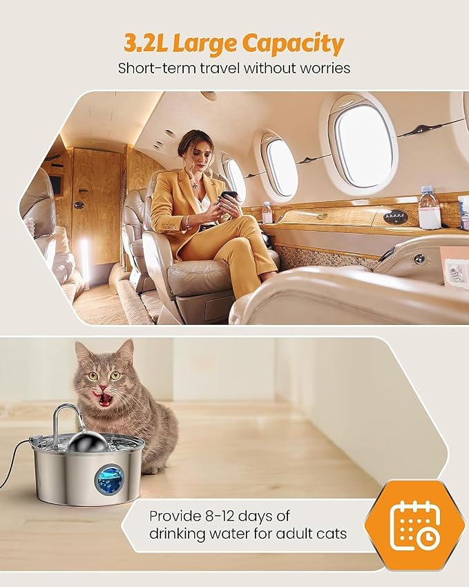 AONBOY Cat Water Fountain with 8 Filters + 8 Sponge Filters | 108oz/3.2L Cat Fountain Stainless Steel with Water Level Window Faucet Shape Dog Water Fountain Multi Filtration