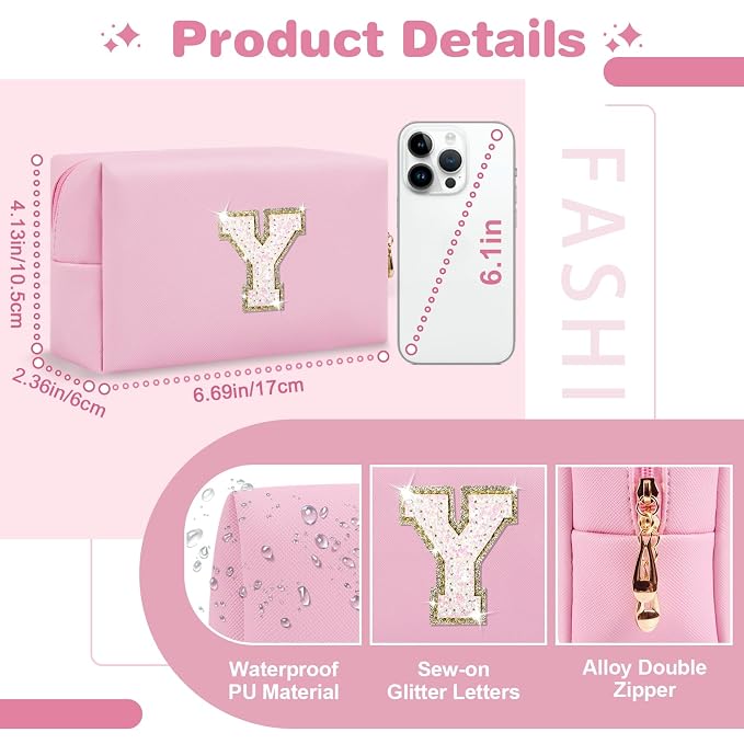 Small Personalized Initial A-Z Patch Makeup Bag,Pink Cute PU Leather Glitter Letter Cosmetic Bag for Teen Girls,Travel Toiletry Bag with Zipper,Preppy Monogrammed Birthday Gift for Daughter Niece Y