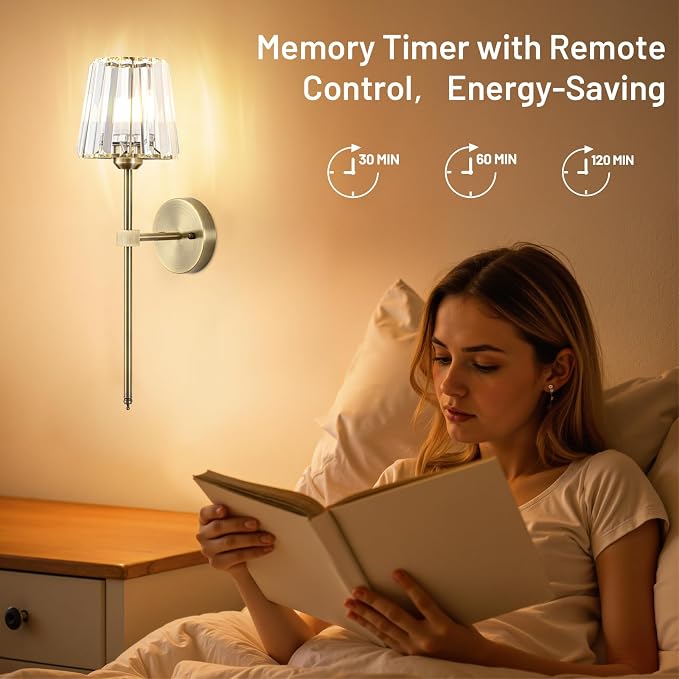 Crystal Battery Operated Wall Sconces Set of 2, Brass Rechargeable Wireless Wall Lights with Crystal Lampshade, 12 RGB and 3CCT Dimmable Wall Lamp with Remote for Bedroom Living Room Hallway