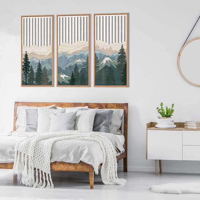 IARTTOP Large Mountain Wood Wall Art Framed Decor Set of 3, Modern Mountain Landscape Wall Art Nature Artwork Wall Decor for Bedroom, Living Room, Office-16 x32