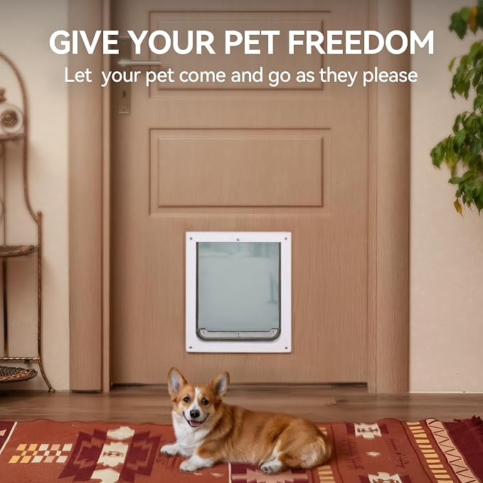 PAWISE 2 Way Dog Door, Lockable Dog Flap with Durable Metal Panel & Flexible Transparent Flap, Weatherproof & Easy Install Pet Door for Dogs, Quiet and Energy-Efficient Design Doggy Door (11.8"x12.2")