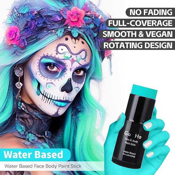 Go Ho Teal Face Body Paint Stick,Water Based Washable Face Paint Stick,Non-toxic Full-coverage Cream Teal Body Paint for Halloween Costumes Sally Mermaid Cosplay SFX Makeup