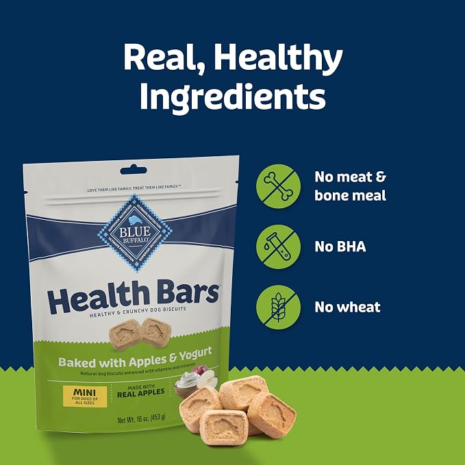 Blue Buffalo Health Bars Apples & Yogurt Mini Dog Biscuits, 32 oz | Smaller Bite, Same Crunch, Oven-Baked, No Chicken By-Product, Corn, Wheat, or Soy