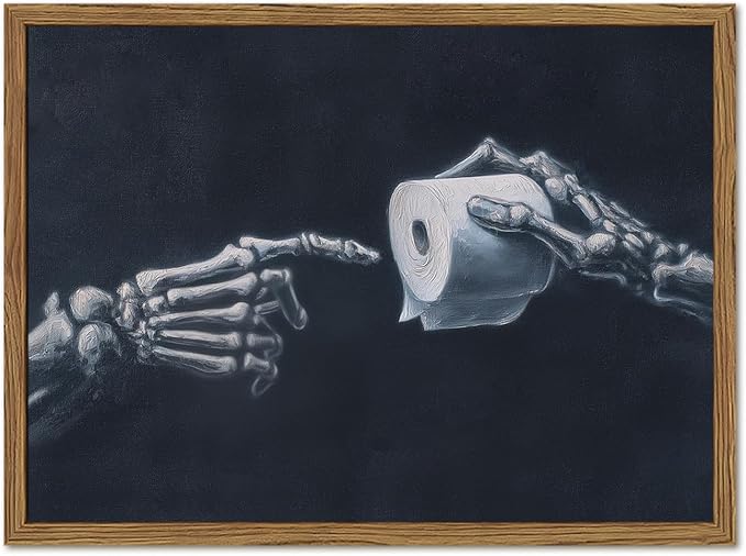 Funny Skeleton Bathroom Wall Art Gothic Skull Hand and Toilet Paper Bathroom Wall Decor Picture, Dark Academia Restroom Poster Canvas Print Painting 16x24 inch Wood Framed