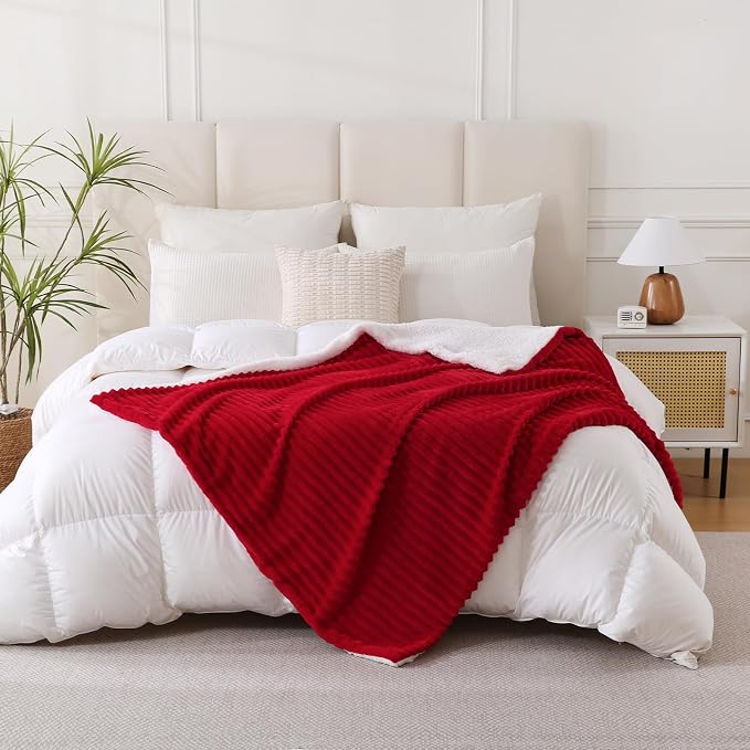 Red Sherpa Fleece Throw Blanket 60”×80”for Couch Sofa Bed | Double Side Soft Fuzzy Cozy Plush Thick Flannel Blanket with Striped Design Gift for Adults,Woman