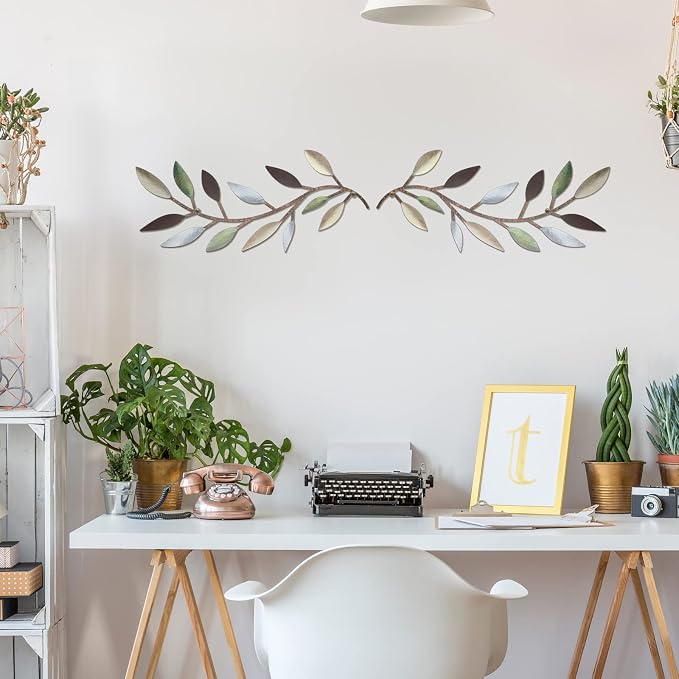 Zhengmy 2 Pcs Metal Leaf Wall Art Vine Branch Decor,Colorful | Olive Branch Metal Decor for Living Room Hallway, Symmetrical Leaf Pair for Doorway Entryway, Lightweight Hanging Art Design