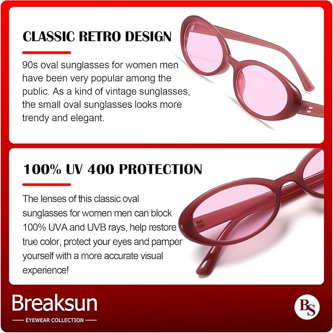 Breaksun Retro Oval Sunglasses for Women Men Fashion Small Oval Sunglasses 90s Vintage Shades