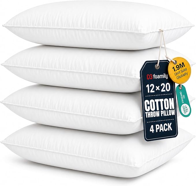 Foamily 12x20 Lumbar Pillow Inserts, Set of 4, 100% Cotton Cover, White | Cotton cover, plush down-alternative fill, machine washable Fits 12x20 lumbar covers Couch, bed, accent chairs
